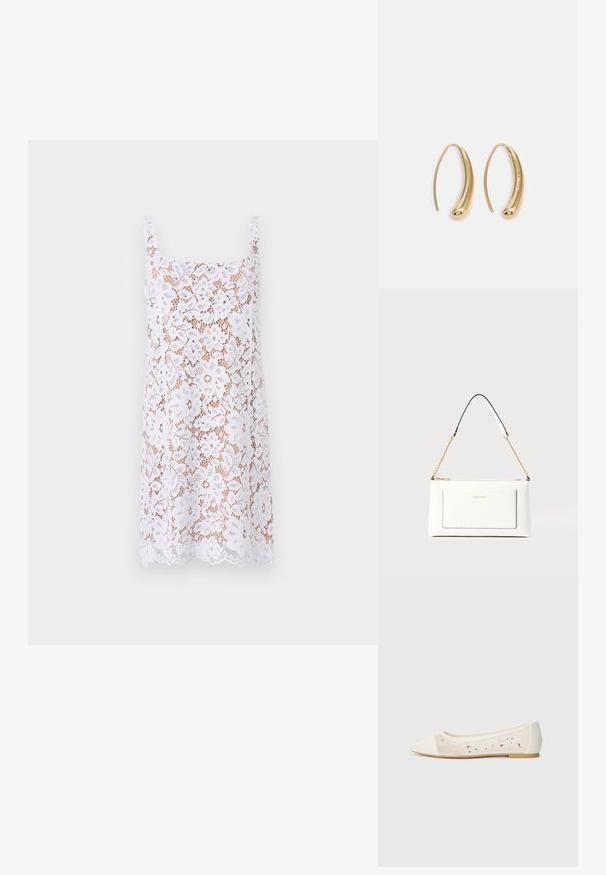 Bijela čipkasta haljina s kvadratnim izrezom, tankim trakama, cvjetnim uzorkom, poluprozirnom teksturom i rubom s valovima.; Balerina s izduženim vrhom od krem kože s prozirnim gornjim dijelom i raspršenim rhinestones. Mekana potplat za udobnost, minimalistički dizajn.; Bijela kožna torba s teksturiranim završetkom, koja ima zlatni lančić i crne akcentne detalje. Uključuje prednji džep i zatvaranje na patentni zatvarač.; Zlatne metalne naušnice u obliku obruča s zakrivljenim, izduženim oblikom. Imaju glatku, sjajnu površinu i zaobljeni vrh za dodatni detalj.
