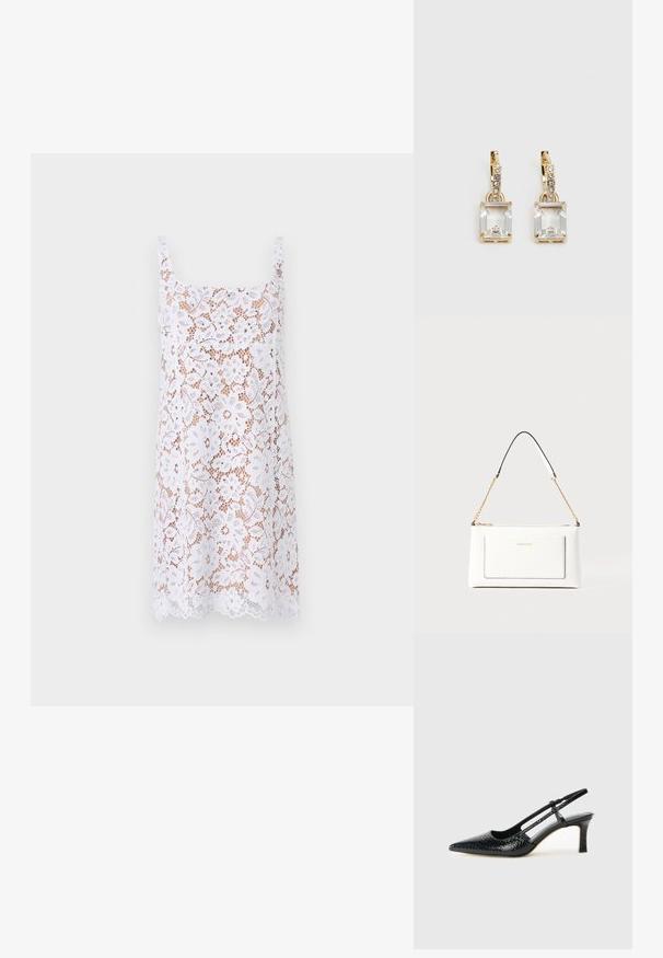 Hvit blondekjole med firkantet hals, tynne stropper, blomstermønster, semi-transparent tekstur og scallop-kant.; Sorte patent slingback hæl med spids tå, featuring tekstureret slangeskind, justerbar rem og en kort, tekstureret blokhæl.; Hvit lærveske med teksturert overflate, utstyrt med gullkjede for å bære over skulderen og svarte detaljer. Inkluderer en frontlomme og glidelås.; Gullfargede øreringer med en rektangulær, klar krystall som henger under en rad av små, runde klare akenter. Elegante, moderne design.