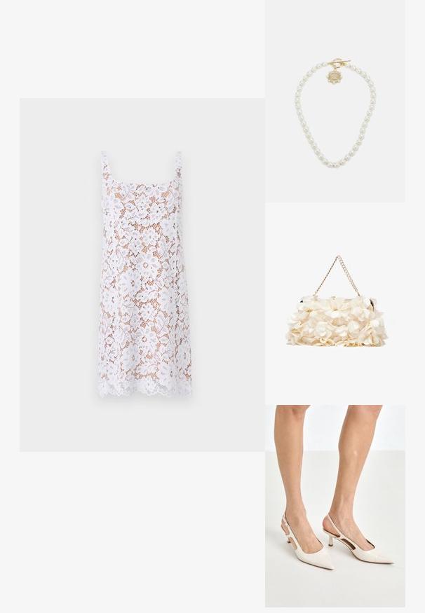 Balta mežģīņu kleita ar kvadrātveida kakla izgriezumu, plānām siksnām, ziedu rakstu, puscaurspīdīgu tekstūru un viļņotu apakšu.; Beidzējo oriģinālo bežējo lakotā ādas kurpju papēžus ar norādītu degunu un 5 cm papēdi, kas iekļauj izgrieztās sānu daļas un plānu potītes siksniņu.; Balta ziedu somiņa ar savelktu auduma virsmu, zeltīta toņa ķēdes siksna un metāla sprādze. Iekļautas teksturētas ziedlapiņas papildus detaļām.; Lauren Ralph Lauren COLLAR - Kaklarota - gold-coloured/white