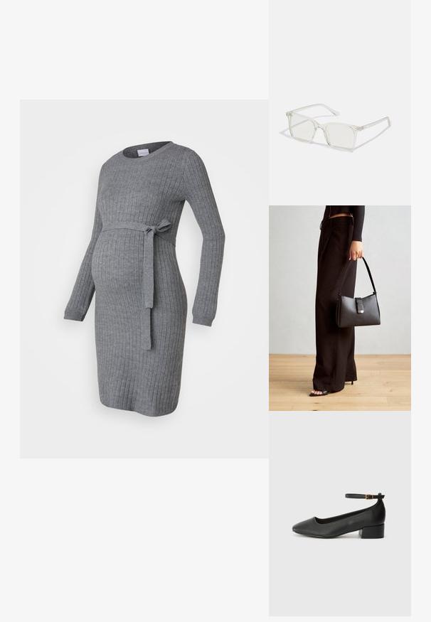Vestido de maternidade cinza com nervuras, mangas longas, decote redondo e um cinto amarrado na cintura. O tecido parece suave e elástico.; Sandal de pele preta com bico pontiagudo e um salto bloco baixo. Apresenta uma tira no tornozelo com uma fivela em tom dourado. Textura suave.; Óculos quadrados de plástico transparente com lentes translúcidas, apresentando detalhes em dourado nas hastes.; Bolsa preta com forma estruturada, textura suave e um fecho metálico. Combinada com calças largas pretas e sandálias de salto aberto sobre um chão de madeira.