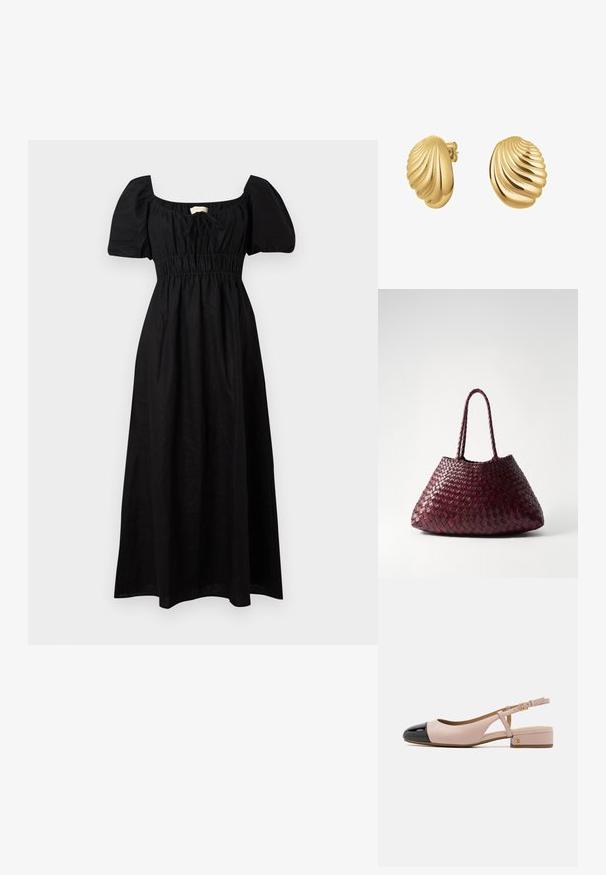 Černé lněné maxi šaty s čtvercovým výstřihem, krátkými nafouknutými rukávy, elastickým pasem a splývavou sukní. Minimalistický design s hladkým povrchem.; Sandalové boty na podpatku s růžovou koženou svrchní částí a lesklou černou špičkou. Mají malý blokový podpatek a nastavitelné zapínání kolem kotníku.; DRAGON DIFFUSION SANTA CROCE BIG - Kabelka - bordo; Náušnice ve tvaru mušle se zlatým tónem, s rýhovanou strukturou a lesklým povrchem. Zavěšení na pecku s bezpečným uzavřením.