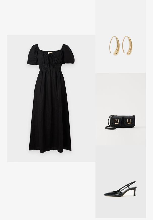 Mustanssiinista valmistettu maksimekko neliönmuotoisella kaula-aukolta, lyhyillä puff-hiekkapukuilla, joustavalla vyötäröllä ja valuvalla hameella. Minimalistinen muotoilu ja sileä pinta.; Musta patent slingback-kiilakorko teräväkärkisellä muotoilulla, jossa on teksturoitu käärmeennahkakuosi, säädettävä remmi ja lyhyt, teksturoitu blokkiheel.; Musta nahkainen olkalaukku, jossa on kaksi etutaskua, kultaiset soljet, vetoketjukiinnitys ja kapea hihna. Teksturoidun pinnan ja kompaktin suorakaiteen muoto.; Korvakorut kultasävytteistä metallista, joissa on kaareva, pitkänomainen muoto. Ominaisuuksiin kuuluu sileä, kiiltävä pinta ja pyöreä kärki lisäyksinä.