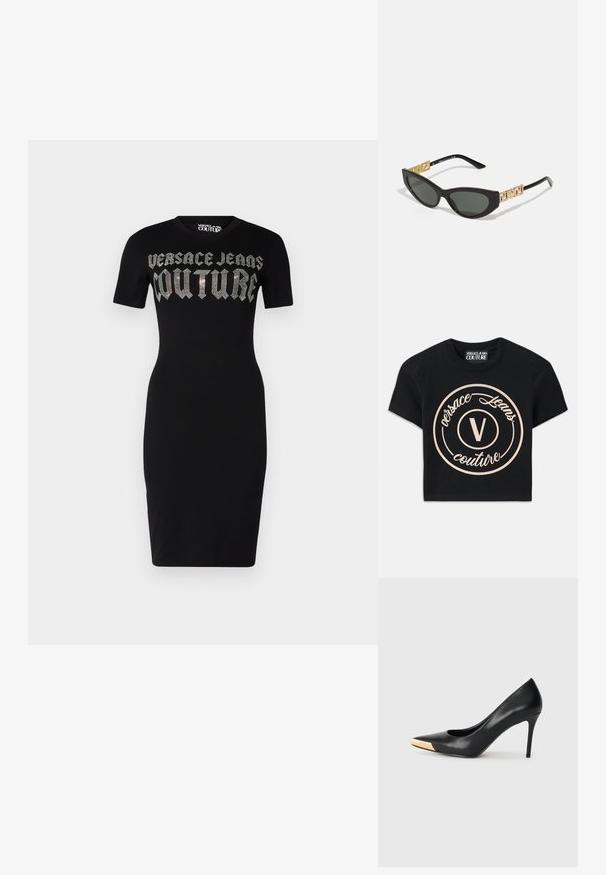 Must mustaga dress, mis on valmistatud pehmest kangast, ümmarguse kaelusega ja lühikeste varrukatega. Ees on suur hõbedane "Versace Jeans Couture" tekst.; Mustmust värvi puuvillane T-särk, millel on suur beež ümmargune logo, kus on kirjas "Versace Jeans Couture" ning keskel elegantses fondis "V". Lühikesed varrukad.; Mustmust suured mõõgapead; pöidla kurgus on metallist kullatooni aktsent. Sile pind ja peen disain.; Mustad kassi silmadega päikeseprillid, millel on tumedad läätsed, kuldsed geomeetrilised aktsendid tempstes ja stiilne matt viimistlus.