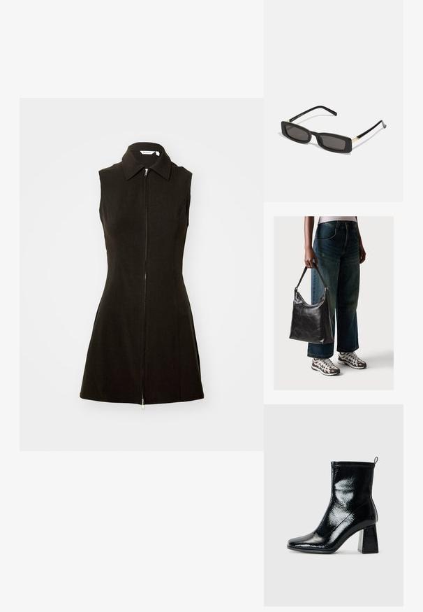 Vestido preto sem mangas com gola e fecho dianteiro, feito de tecido suave com uma silhueta ajustada e bainha rodada.; Botim de tornozelo pretos em verniz com bico quadrado e salto geométrico robusto. Apresenta uma textura suave e brilhante, além de uma pega traseira para facilitar o calçar.; Óculos de sol retangulares pretos com lentes escuras, armações de plástico brilhante e detalhes em dourado nas templetas. Design minimalista e forma elegante.; Bolsa de ombro em couro preto com textura suave e alça ajustável, combinada com jeans de perna larga desbotados e ténis desportivos.