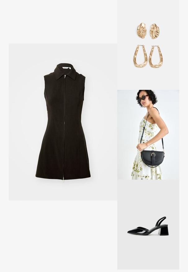 Črna brezrokavna obleka z ovratnikom in zadrgo spredaj, izdelana iz gladkega materiala sprijeto silhueto in razširjenim robom.; Črne lakirane slingback pete s koničastim nosom in geometrijsko blokasto peto. Imajo eleganten, minimalističen dizajn in gladko teksturo.; Črna usnjena torbica s ukrivljeno obliko, z odstranljivo naramnico in zlatimi dodatki. Torbica ima pokrov s podrobnostmi v obliki zaponke.; Zlato obarvani uhani z teksturiranimi, valovitimi oblikami. Vključujejo skulpturalne sponke za ušesa in odprto obliko obročka s kladivastim finišem.