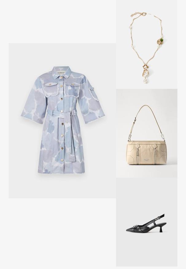 Vaaleansininen farkkumekko, jossa on solmittava vyö, kaksi rintataskua ja lyhyet hihat. Reunoissa on kulutusta ja koko mekko on pilvimäinen kuvio.; Mustat nahkakengät, joissa on avonainen takaosa ja kärjessä terävä muoto, koristevyöt, joissa on metalliset reiät, sekä matala lohkoepohja. Teksturoitu pinta.; Beige nahkalaukku, jossa on hopeiset yksityiskohdat, kaksi sivuvetoketjua, rakenteellinen muotoilu ja irrotettava hihna monipuolisuutta varten.; Kultaketju, jossa on kiertyneet linkit, valkoisia helmiä ja vihreä kiviakseli. Ominaisuuksiin kuuluu monimutkaiset yksityiskohdat ja kiinnitysklipsi.