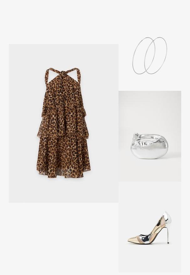 Šaty s leopardím vzorom, s halter krkom a zauzleným vzadu. Obsahujú tri volánové vrstvy a priehľadnú, ľahkú látku. Farby v hnedých a béžových odtieňoch.; Lodičky s špičatou špičkou v striebornom, zlatom a telovom farebnom prevedení. Lesklý povrch s výrezovým dizajnom, s ihlovým opätkom.; Strieborná metalická taška s mäkkým, zaobleným tvarom a uzáverom s uzlíkom. Vyrobená z hladkej syntetickej kože.; Strieborné kruhové náušnice s minimalistickým dizajnom. Cirkulárny tvar, hladký povrch a tenký profil. Ľahké s lesklým povrchom.