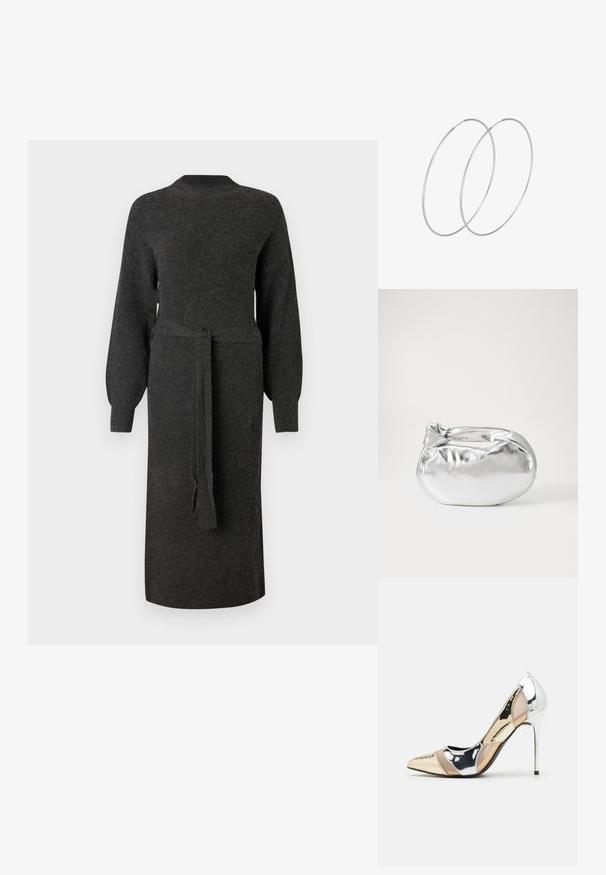 Tmavě šedé pletené šaty s dlouhými nabíranými rukávy a odpovídajícím páskem v pase. Rovný silueta a kulatý výstřih.; Lodička s špičatou špičkou a kombinací stříbrné, zlaté a tělové barvy. Lesklý povrch s vykrojeným designem, s jehlovým podpatkem.; Stříbrná kovová taška s měkkým, zaobleným tvarem a uzávěrem s uzlem. Vyrobena z hladké umělé kůže.; Stříbrné kruhové náušnice s minimalistickým designem. Kruh, hladký povrch a tenký profil. Lehká konstrukce s lesklým povrchem.