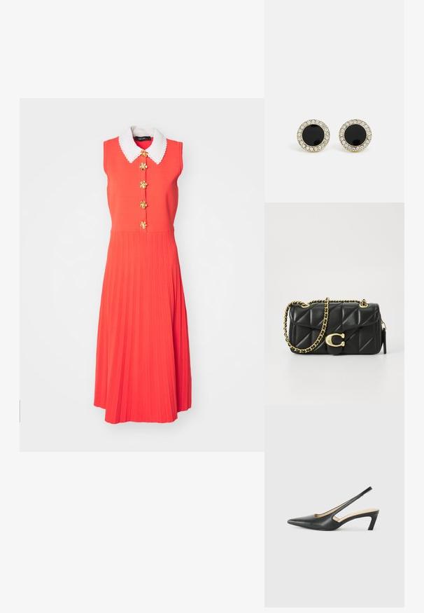 Rochie roșie fără mâneci, cu guler alb, în formă de valuri, având nasturi florali aurii și un design cu fuste pliate.; Pantof cu toc mic, cu vârf ascuțit și slingback, realizat din piele netedă, având un design decupat pe lateral pentru respirabilitate.; Poșeta neagră din piele matlasată cu o curea din lanț auriu și un închizător cu toggle care are un accent circular. Formă compactă și rectangulară.; DKNY INLAY STUD - Cercei - black/gold-coloured