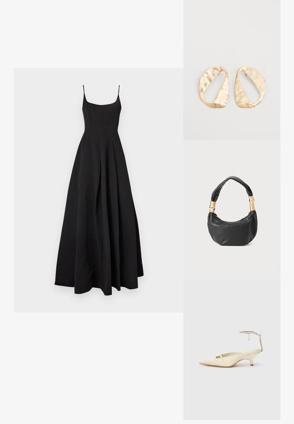 Must t-särgideta kleit, millel on sobiv bodice ja voolav A-line seelik. Valmistatud siledast kangast, omades klassikalist siluetti ja minimaalset disaini.; Kreem värviga terava nina ja õhukese eesrihmaga slingback kontsad, millel on eheline pahkluu rihm valgel taustal.; Must mustrepp nahkakott ümmarguse kujuga, pehme tekstuuriga ja sõlmiga käepidemega, millel on kuldse tooni aksessuaarid. Lukuga sulgemine.; Eba paar eba ebaorditud ovaalkujulisi kuldehhe kaal setertu, kerge keersuju pinnaga valgel taustal.