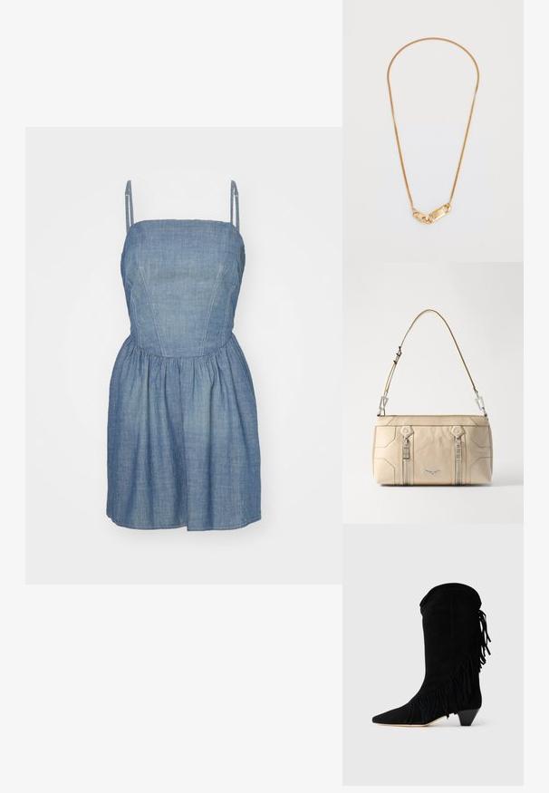 RE/DONE GATHERED DRESS - Džinsa auduma kleita - paradise cove; Melnas zamšādas potīšu zābaki ar frēzu akcentiem, norādītu purngalu un vidēju papēdi. Iezīmējas ar tīru siluetu un teksturētu apdari.; Bežs ādas rokassoma ar sudraba piederumiem, diviem sānu rāvējslēdzējiem, strukturētu dizainu un noņemamu siksnu daudzpusībai.; Zelta ķēdes kaklarota ar savītu dizainu un taisnstūra sprādzi ar iegravētu apdari. Gluda tekstūra, minimālisma stils.