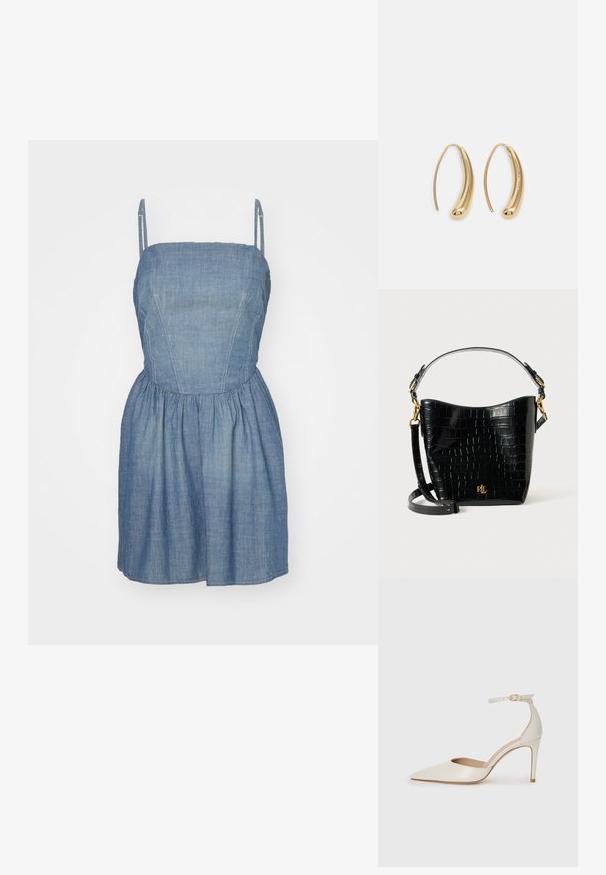 RE/DONE GATHERED DRESS - Vestido de ganga - paradise cove; Sapato de salto alto em pele branca com biqueira pontiaguda, faixa no tornozelo e um salto fino de stiletto. Textura suave com um leve acabamento brilhante.; Bolsa de pele corcunda preta com textura de crocodilo, formato curvo, detalhes em metal dourado, alça ajustável e logotipo na parte da frente.; Brincos em metal dourado com forma de arco alongado e curvado. Apresentam uma superfície lisa e brilhante, com uma ponta arredondada para um detalhe adicional.