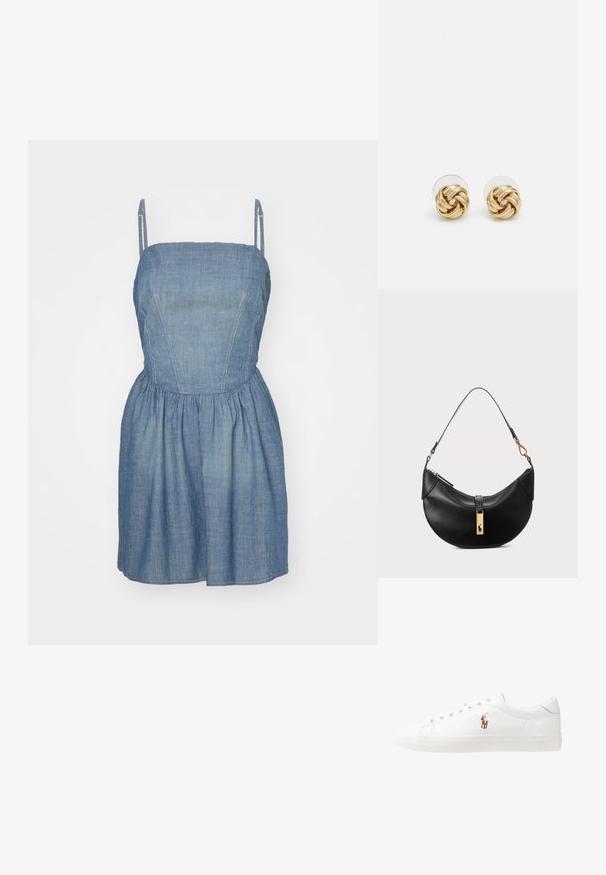 RE/DONE GATHERED DRESS - Jeanskleid - paradise cove; Weiße Leder-Sneaker, niedrig geschnitten, mit glatter Textur, runder Zehenpartie, Schnür vorne und kleinem gesticktem Logo an der Seite.; Schwarze Lederhandtasche in Halbmondform. Verfügt über eine goldene Hardware-Akzentuierung und einen schmalen Tragegurt. Sanfte Textur, Reißverschlussverschluss an der Oberseite.; Goldfarbene Ohrstecker mit Knoten in gedrehter Ausführung. Jeder Ohrstecker verfügt über eine runde, transparente Rückseite für sicheren Halt.