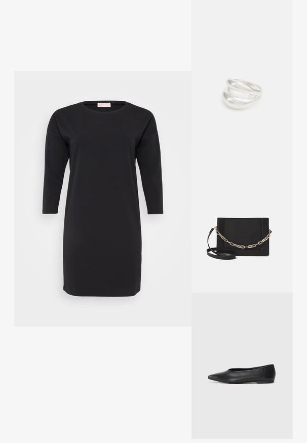 Juoda, ilgomis rankovėmis suapvalinta suknelė; lygi tekstūra ir iki kelių, pasižyminti paprastu, klasikiniu dizainu be raštų ar akcentų.; Juodas odinis baleto batas, su smailiu pirštu, minimalistinio dizaino, lygiu paviršiumi, žemo profilio kulnu, be matomos aparatūros ar papuošimų.; Juodas odinis per petį nešiojamas krepšys turi lygų paviršių, stačiakampio formą ir metalinę grandinėlę priekyje. Pridedama reguliuojama dirželis.; Sidabrinis dvigubas žiedas su lygiu, poliruotu paviršiumi. Pasižymi sklandžiu, kreiptu dizainu su persipinančiomis dalimis, suteikiančiomis modernų išvaizdą.