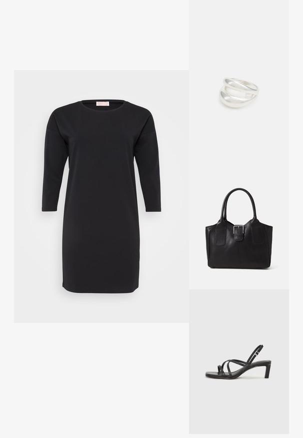 Čierne, dlhé šaty s okrúhlym výstrihom; hladká textúra a dĺžka po kolená, s jednoduchým, klasickým dizajnom bez vzorov alebo akcentov.; Čierne sandále na vysokom podpätku so štvorcovou špičkou a nízkym blokovým podpätkom. Obsahujú viacero tenkých popruhov a nastaviteľný členkový popruh. Vyrobené z hladkej kože.; Čierna kožená taška s hladkou textúrou, štruktúrovaným tvarom, dvoma uchami a výrazným strieborným prackovým detailom na prednej strane.; Strieborný prsteň s dvojitým pásikom s hladkým, lesklým povrchom. Má plynulý, zakrivený dizajn s prekryvajúcimi sa časťami pre moderný vzhľad.