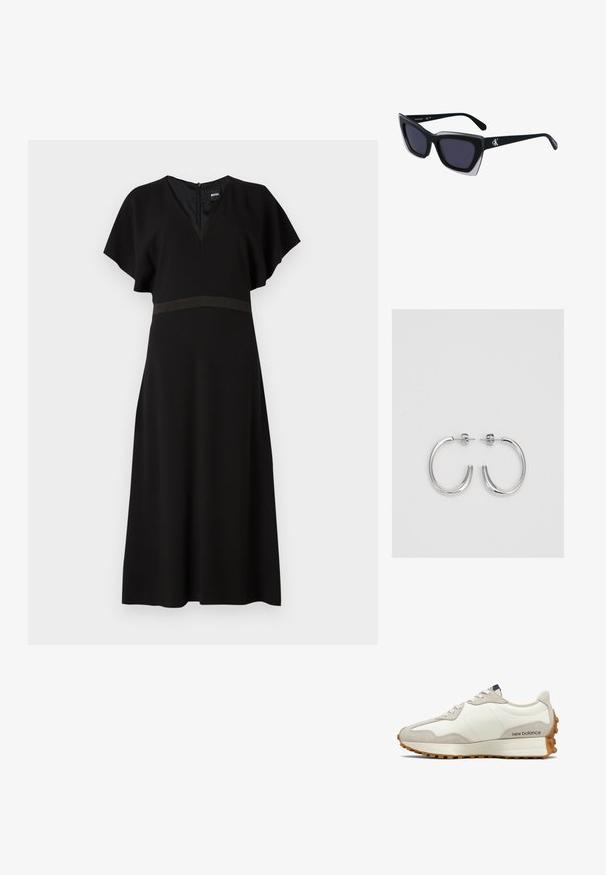 Juoda suknelė su V formos iškirpte, trumpomis plazdenančiomis rankovėmis ir kontrastinga horizontalia juosta ties liemeniu. Pagaminta iš lygaus, krentančio audinio.; Balti ir smėlio spalvos sportbatų su lygiu odos viršumi ir zomšos detalėmis. Turi apvalias raišteles, minkštą pado įdėklą ir tekstūruotą gumos pado išorinę dalį.; Juodos didelės saulės akinių su geometrine forma, turinčiais tamsius objektyvus ir kontrastingą pilką detalę ant rėmelio. Logotipas ant šalon.; Sidabriniai lankelio formos auskarai su lygiu, blizgiu paviršiumi, išlenktos formos ir su užsegimu. Minimalistinio dizaino su moderniu apdaila.