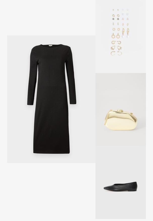 Svart langermet kjole med rund hals og rett silhuett. Glatt tekstur, minimalistisk design og knelengde.; Sorte lærballerina med spiss tå, minimalistisk design, glatt tekstur, lav hæl uten synlig metall eller dekorasjoner.; Metallisk gull clutch med en glatt, rund form, med en toppknapp-lås og et lite kjede for bæring.; Sett med gullfargede øredobber med ulike design, inkludert stikkere, hoops og hengende deler med perler og rhinestones.