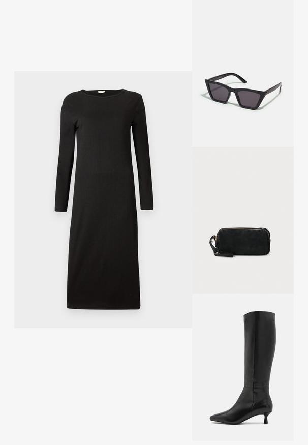 Vestido preto de manga longa com decote redondo e silhueta direita. Textura suave, design minimalista e corte até ao joelho.; Zign Botas - black; Óculos de sol pretos, angulares, com lentes cinzas; feitos de plástico, apresentando hastes grossas com uma superfície lisa e sem hardware visível.; Clutch bag preta em camurça, com fecho em zíper e alça de pulso removível. Apresenta acessórios em tom dourado e uma textura suave e fosca.