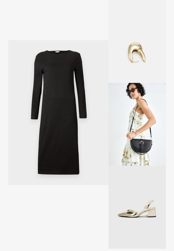 Svart langermet kjole med rund hals og rett silhuett. Glatt tekstur, minimalistisk design og knelengde.; Gull, metallisk slingback-hæler med spiss tå og chunky hæl. Glatt tekstur, minimalistisk design og en smal stropp.; Svart lærveske med en buet form, avtagbar stropp og gullbeslag. Vesken har et klaff med spenne-detall.; Gullfarget metalløredobber med et elegant, buet design. Har en karakteristisk spiss form, polert overflate og hengsel-lukking.