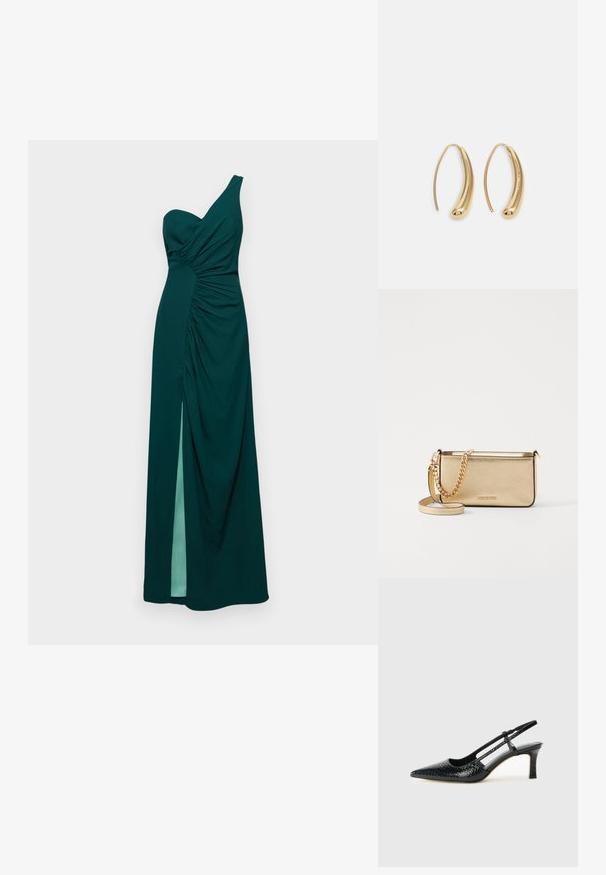 Zelené šaty na jedno rameno so zberaním v oblasti poprsia a na boku. Obsahujú vysoký rozparok a vzdušnú látku. Hladká textúra.; Čierne patentové slingback topánky na ihlovom podpätku s špicatou špičkou, s textúrovaným hadím vzorom, nastaviteľným popruhom a krátkym, textúrovaným blokovým podpätkom.; Metalická zlatá kožená kabelka so štruktúrovaným povrchom, vybavená zlatým reťazovým popruhom a odnímateľným ramenným popruhom. S logom značky vytlačeným na povrchu.; Metalická zlatá kožená kabelka so štruktúrovaným povrchom, vybavená zlatým reťazovým popruhom a odnímateľným ramenným popruhom. S logom značky vytlačeným na povrchu.; Náušnice vo forme zlatých kovových kruhov s zakriveným, predĺženým tvarom. Majú hladký, lesklý povrch a zaoblený koniec pre pridanie detailu.