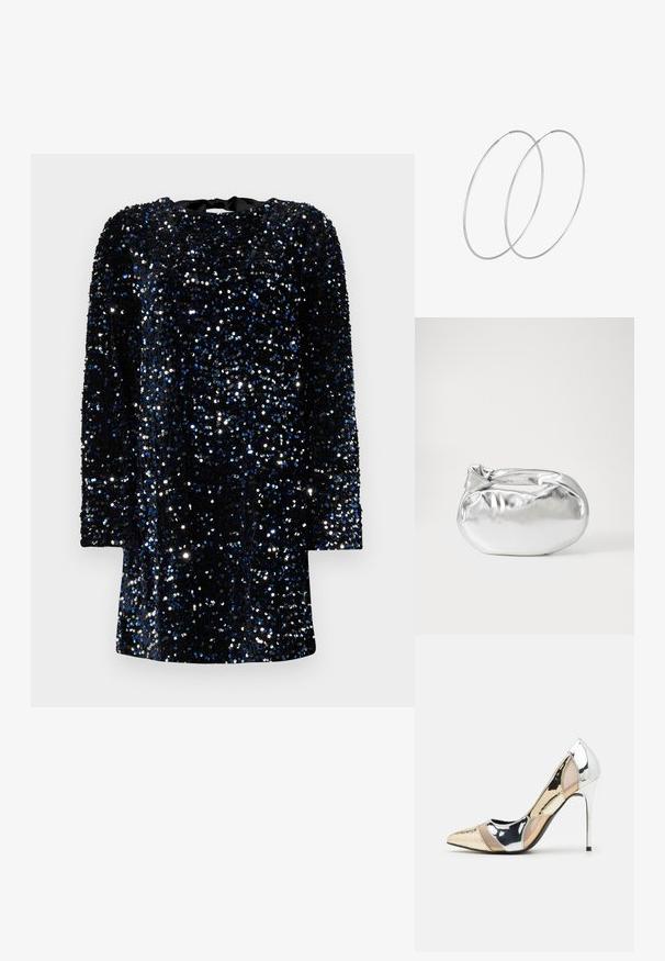 Melnā kleita, kas pārklāta ar ziliem un sudraba pērļiem. Izvēles garās piedurknes un apaļa kakla izgriezums, ar gludu audumu un spīdīgu tekstūru.; Apspīlēta augstpapēžu kurpe ar zeltītu, sudrabi un neitrālu krāsu kombināciju. Spīguļojoša virsma ar izgriezuma dizainu, aprīkota ar stiletto papēdi.; Sudraba metāliska poga somiņa ar mīkstu, noapaļotu formu un mezgla augšējo aizdari. Izgatavota no gludas mākslīgās ādas materiāla.; Sudraba gredzenveida auskari ar minimālistisku dizainu. Cirkulāra forma, gluda tekstūra un plāns profils. Vieglu svaru ar spīdīgu apdari.