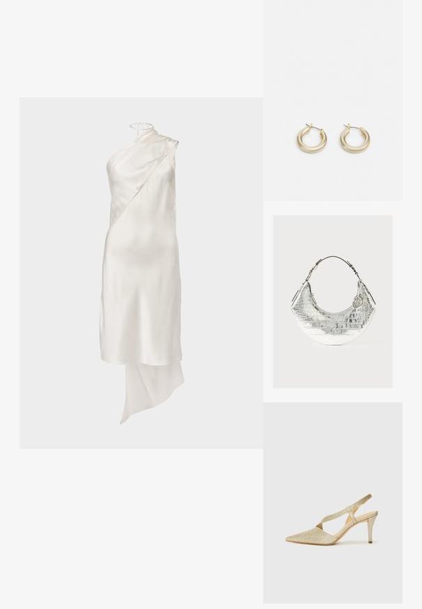 Balta satīna kleita ar asimetrisku dizainu, kas piedāvā vienas pleca kakla izgriezumu un plūstošu apakšmalu. Vienmērīga tekstūra un minimālas detaļas.; Mirdzoši zelta siksniņu pumps ar vērsto purngalu, plānu potītes siksnu un šauru papēdi. Virsma ir ar teksturētu metālisku apdari.; Sudraba krokodila ādā izgatavota rokassoma ar izliekta formu, brūnu ādas rokturi un metāla akcentiem, piedāvājot dekoratīvu šarmu.; Lauren Ralph Lauren BASIC SMALL HOOP - Auskari - gold-coloured