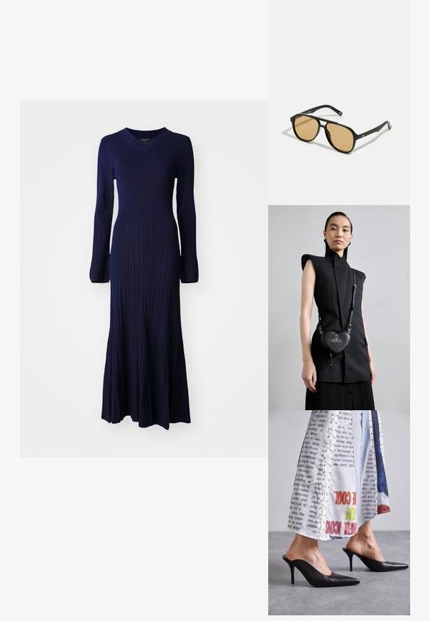 rag & bone AUSTEN DRESS - Maxi-jurk - navy; Zwarte leren muiltjes met een spitse neus en hoge hak, gecombineerd met een witte laatjes met patroon en vetersluiting.; Zwarte zonnebril met bruin getinte lenzen; rechthoekige vorm met een dikke rand, inclusief subtiele hardware accenten op de veertjes.; Zwarte mouwloze top met gestructureerde schouders, gecombineerd met een zwarte leren crossbodytas in de vorm van een hart met zilveren hardware en logo-details.