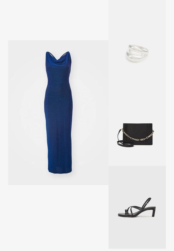 Ilga, prigludusi vakarinė suknelė tamsiai mėlyna, su kaklo iškirpte ir be rankovių, pasižyminti lygiu, šiek tiek blizgiu paviršiumi.; Juodi šlepetės su kvadratiniu pirštu ir žemu bloku kulnu. Yra keli ploni dirželiai ir reguliuojamas kulkšnies diržas. Pagaminti iš lygios odos.; Juodas odinis per petį nešiojamas krepšys turi lygų paviršių, stačiakampio formą ir metalinę grandinėlę priekyje. Pridedama reguliuojama dirželis.; Sidabrinis dvigubas žiedas su lygiu, poliruotu paviršiumi. Pasižymi sklandžiu, kreiptu dizainu su persipinančiomis dalimis, suteikiančiomis modernų išvaizdą.