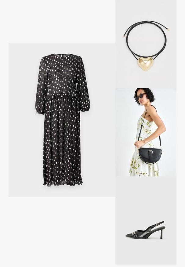 Juoda klostuota suknelė su ilgomis rankovėmis, dekoruota baltais taškelių raštais ir volanų apdaila juosmens srityje. Uždarymas su užtrauktuku gale.; Juodas lakuotas odinis batelis su smailiu pirštu, kulkšnies dirželiais su sidabrinėmis sagtimis ir detalėmis, bei plonu kulnu.; Juodas odinis krepšys su išlenkta forma, nuimamu dirželiu ir auksiniais detalėmis. Krepšys turi kilpą su sagtimi.; Juodas pintas virvutės vėrinys su poliruotu auksiniu širdies pakabuku, pasižyminčiu švelniomis formomis ir blizgiu paviršiumi.