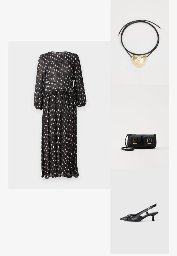 Fekete, pliszírozott ruha hosszú ujjakkal, fehér pöttyökkel és fodros aljjal a deréknál. Cipzáras zárás hátul.; Fekete bőr slingback cipő hegyes orral, dekoratív pántokkal, fém szemekkel és alacsony blokk sarkú. Texturált felület.; Fekete bőr keresztbody táska két elülső zsebbel, arany csattokkal, cipzáras záródással és vékony pánttal. Textúrált felület és kompakt téglalap alak.; Fekete fonott zsinór nyaklánc, polírozott arany szív medállal, sima vonalakkal és fényes felülettel.