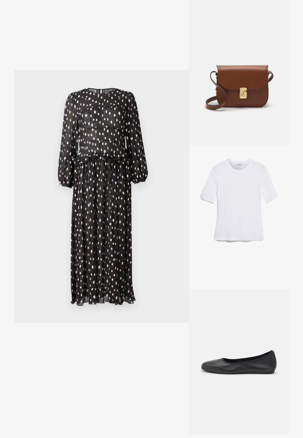 Melnas plisētās kleitas ar garām piedurknēm, ar baltām punktiņām un ar viļņotu malu ap jostasvietu. Aizdare ar zīmuļu aizmugurē.; Balta īsām piedurknēm T-krekls, izgatavots no ribota auduma. Apaļš izgriezums, regulāra piegriezuma un diskrēti šuvumu detaļas. Bez printiem vai grafikām.; Melna ādas baleta kurpe ar noapaļotu purngalu, gludu tekstūru, minimālu šuvju detalizāciju un elastīgu zoles dizainu.; Bordo ādas rokas soma ar atloku, zeltītām detaļām, plecu siksnu un gludu virsmu. Kompakta, taisnstūrveida forma.