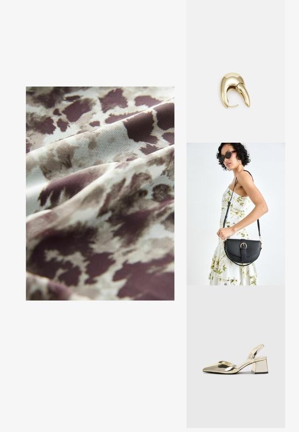 Kerge kangas, millel on voolav disain beeži ja pruuni abstraktse mustriga, pehme tekstuur ja õrnalt voolav langev. ; Kuldne, metallilised slingback-kudumid terava varba ja paksu kontsaga. Sile tekstuur, minimalistlik disain ja kitsas rihm.; Mustmust mustraha kõverate joontega, eemaldatava rihmaga ja kuldsete detailidega. Kotil on klapp, millel on pandladetail.; Kuldtooni metallist kõrvarõngas, millel on elegantne ja kaarjas disain. Omab silmapaistvat teravat kuju, poleeritud pinda ja hingesulgemist.