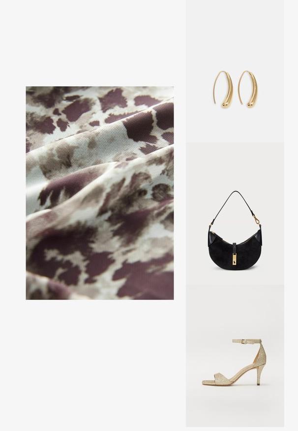 Könnyű anyag, amely folyékony formatervezésű, bézs és barna absztrakt mintával, puha tapintással és lágyan áramló eséssel rendelkezik.; Arany csillámos magas sarkú szandál boka hevederrel, nyitott orral és négyzet alakú elülső résszel. Karcsú, elkeskenyedett sarokkal rendelkezik a magasság érdekében.; Fekete kézi táska ívelt formában, velúrból és bőrből készült, aranyszínű cipzárral és logó részlettel rendelkezik. Rövid fogantyú található rajta.; Aranyszínű fémből készült karika fülbevalók ívelt, hosszúkás formával. Simaságával és fényes felületével, valamint lekerekített végével további részletekkel bővül.