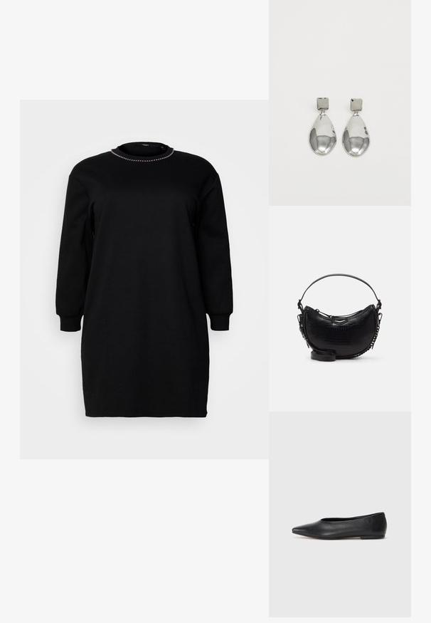 Rochie neagră din bumbac cu mâneci lungi, guler ribbat și manșete elastice. Textură netedă, cu croială lejeră și lungime până la mijlocul coapsei.; Balerini din piele neagră, vârf ascuțit, design minimalist, textură netedă, toc de mică înălțime, fără hardware sau embellishments vizibile.; Geantă neagră din piele cu model croco, cu o formă curbată, curea de umăr detașabilă și un accent metalic elegant pe față.; Cercei din argint cu stud pătrat, având un finisaj neted și lustruit, într-o formă de lacrimă, care reflectă lumina cu o suprafață lucioasă.
