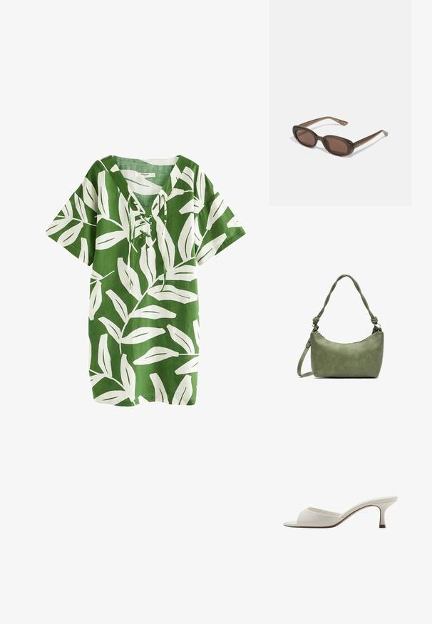 Zeleni platneni tunik s bijelim uzorkom lišća, kratkim rukavima, V-izrezom s detaljem vezanja, opuštenog kroja i ravnim rubom.; Bijele otvorene sandale s visokom petom, glatke površine, minimalističkog dizajna i uske pete, sa suptilnim smeškastim naglaskom na đonu.; Smeđe ovalne sunčane naočale s tamnim staklima. Okvir je od prozirnog smeđeg materijala i ima otisnut logo na sljepoočnicama.; Zelena kožna torbica s glatkom teksturom, zakrivljenim oblikom i pletenom ručkom. Ima zatvaranje na patentni zatvarač i podesivu naramenicu.