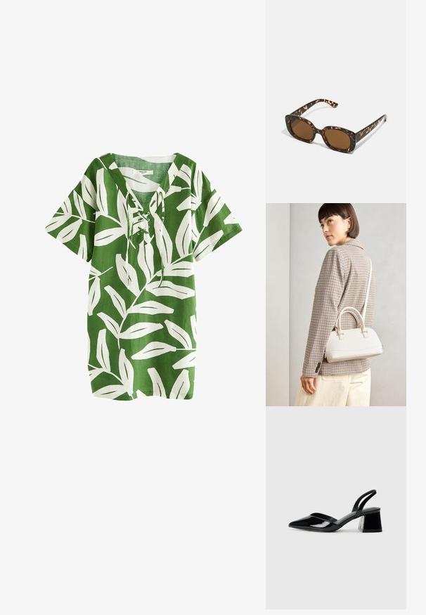 Zielona lniana tunika z białym wzorem liści, krótkie rękawy, dekolt w serek z detalem na sznurowaniu, luźny krój i prosta ława.; Czarne lakierowane półbuty na obcasie z wydłużonym noskiem i geometrycznym słupkiem. Charakteryzują się eleganckim, minimalistycznym designem oraz gładką fakturą.; Okulary przeciwsłoneczne w kratkę z zaokrągloną, grubą oprawą i brązowymi soczewkami. Posiadają subtelne wzory oraz proste, zwężane zauszniki.; Biała torebka o strukturalnym kształcie z krótkimi uchwytami i paskiem na ramię, z złotymi akcentami i teksturowanym materiałem, prezentowana na szarym tle.