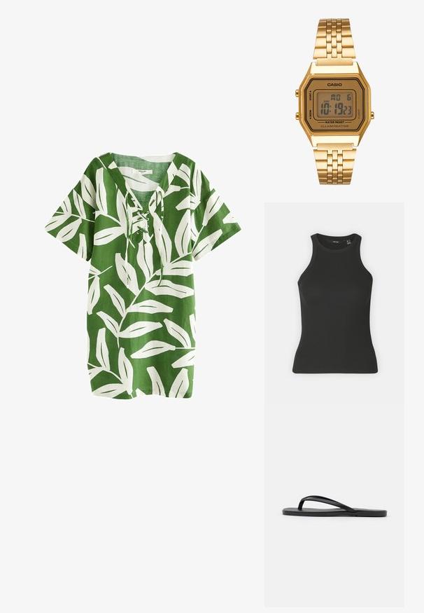 Grüne Leinen-Tunika mit weißem Blättermuster, kurzen Ärmeln, V-Ausschnitt mit Schnürdetails, lässigem Schnitt und geradem Saum.; Schwarzes, geripptes Tanktop mit hochgeschlossenem Kragen und ärmellosem Design. Verfügt über eine figurbetonte Silhouette und eine weiche Textur.; Schwarze Flip-Flops mit minimalistischem Design, flacher Sohle, schmalen Riemen und glatter Textur. Keine zusätzlichen Muster oder Akzente.; Goldene Digitaluhr mit quadratischem Ziffernblatt, LCD-Display, Edelstahlarmband und Tasten an der Seite. Verfügt über eine wasserdichte Kennzeichnung.