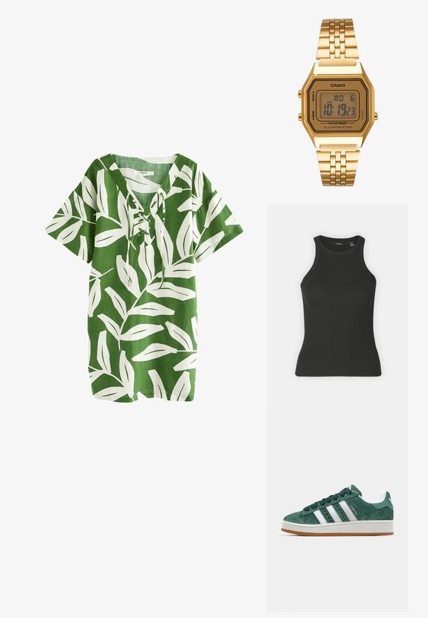 Zelená lněná tunika s bílým vzorem listů, krátké rukávy, výstřih do V s detailem na šněrování, uvolněný střih a rovný lem.; Černý žebrovaný top bez rukávů s vysokým výstřihem. Má přiléhavý střih a jemnou strukturu.; Zelené semišové tenisky s bílými koženými pruhy, gumovou podrážkou, polstrovaným límcem a minimalistickým designem. Na boku se nachází logo značky.; Zlaté digitální hodinky s obdélníkovým ciferníkem, LCD displejem, nerezovým páskem a tlačítky na boku. Obsahují označení odolnosti proti vodě.