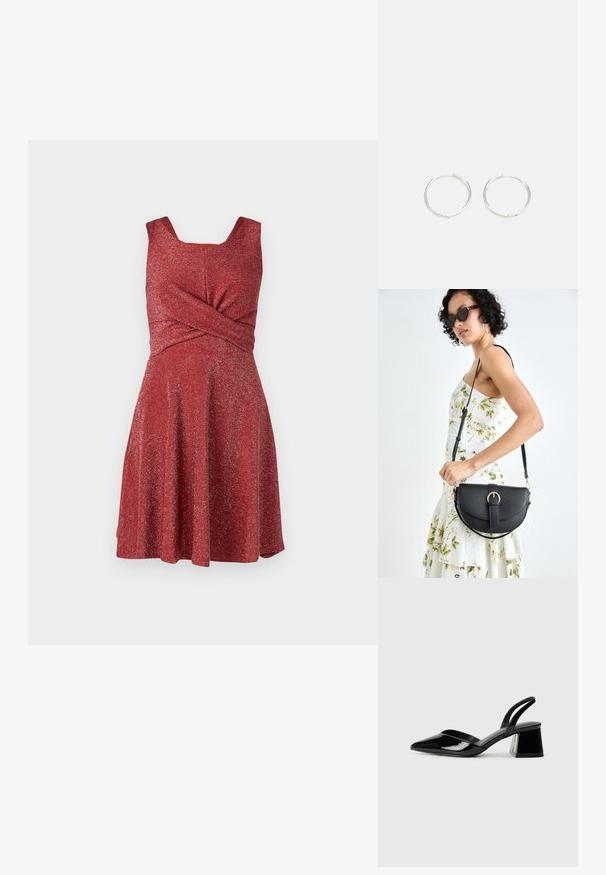 Červené šaty s textúrovaným, trblietavým povrchom. Majú štvorcový výstrih a detail v tvare twistu v oblasti pása. Sukňa je rozšírená. Bez viditeľných zapínaní.; Čierne lakované kožené sandálové podpätky s špicatou špičkou a geometrickým blokovým podpätkom. Disponujú elegantným, minimalistickým dizajnom a hladkým povrchom.; Čierna kožená kabelka s zaobleným tvarom, odnímateľným popruhom a zlatými doplnkami. Kabelka má klopu s detailom s prackou.; Strieborné kruhové náušnice s elegantným, okrúhlym dizajnom, s hladkým povrchom a bez viditeľných ozdôb. Priemer nie je špecifikovaný.
