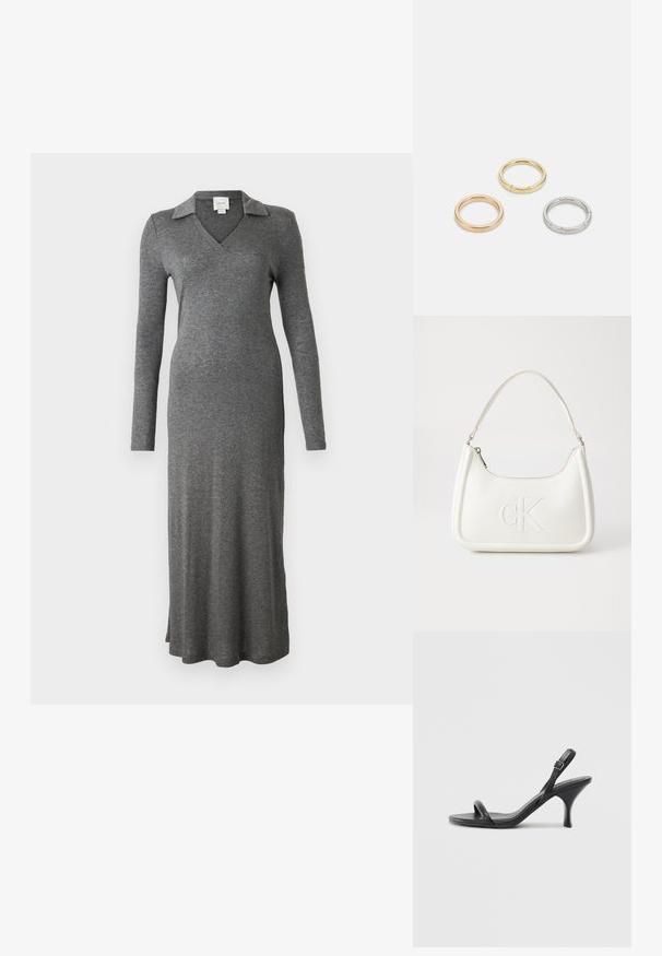 Graues Langarmkleid aus weichem Stoff, mit einem kragenförmigen Ausschnitt und einem fließenden Design mit einem seitlichen Schlitz am unteren Ende.; Schwarze Leder-Sandalen mit hohen Absätzen, schlankem, gebogenem Absatz und gekreuztem Riemendesign. Verstellbarer Knöchelriemen. Glatte Textur.; Weiße Lederhandtasche mit abgerundeter Form, ausgestattet mit einem geprägten "CK"-Logo auf der Vorderseite und einem Einzel-Schultergurt. Reißverschluss oben.; Drei Metallringe: einer in Roségold, einer aus Gold mit strukturierten Akzenten und einer aus Silber, alle mit graviertem Branding auf dem inneren Band.