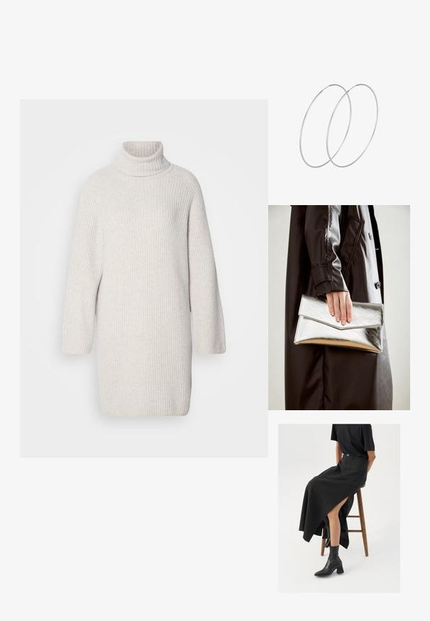 Gaišpelēka ribota adīta kakla tērpa kleita ar garām piedurknēm un brīvu piegriezumu. Mīksta tekstūra un ceļgalu garuma dizains.; Melna lina maxi svārki ar augstu šķēlumu, valkāti ar melnu T-kreklu un melniem potīšu zābakiem. Minimālistisks dizains ar brīvu piegriezumu.; Sudraba metāla aploksne ar leņķveida dizainu, gludu tekstūru un kontrastējošu iekšējo krāsu, ko tur rokā, kas tērpta melnā mētelī.; Sudraba gredzenveida auskari ar minimālistisku dizainu. Cirkulāra forma, gluda tekstūra un plāns profils. Vieglu svaru ar spīdīgu apdari.