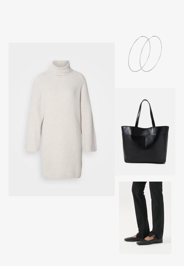 Jasnoszara dzianinowa sukienka typu golf z długimi rękawami i luźnym krojem. Miękka tekstura i długość do kolan.; Czarne skórzane baletki z ostro zakończonym noskiem, paskiem z srebrną klamrą, w połączeniu z czarnymi spodniami o dopasowanym kroju z rozcięciem u dołu.; Czarna skórzana torba na ramię z dwoma długimi uchwytami, gładką teksturą i sztywną formą. Posiada przednią kieszeń dla dodatkowego przechowywania.; Srebrne kolczyki w formie obręczy o minimalistycznym designie. Okrągły kształt, gładka faktura i cienki profil. Lekkie, z polerowanym wykończeniem.