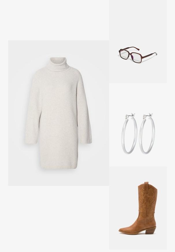 Svetle šedé pletené rolákové šaty s dlouhými rukávy a volným střihem. Měkká textura a délka po kolena.; Hnědé kožené kovbojské boty s špičatou špičkou, vyšívanými spirálovými vzory na štítech a s blokovým podpatkem. Obsahují poutko pro snadné obouvání.; Hnědé, obdélníkové brýle s průhlednými skly a fialovými odstíny. Hladký plastový rám s rovnými nohami a jemnými akcenty.; Stříbrné kruhové náušnice s hladkým, lesklým povrchem. Kulatý tvar a bezpečné zapínání na klip. Lehký design vhodný pro každodenní nošení.