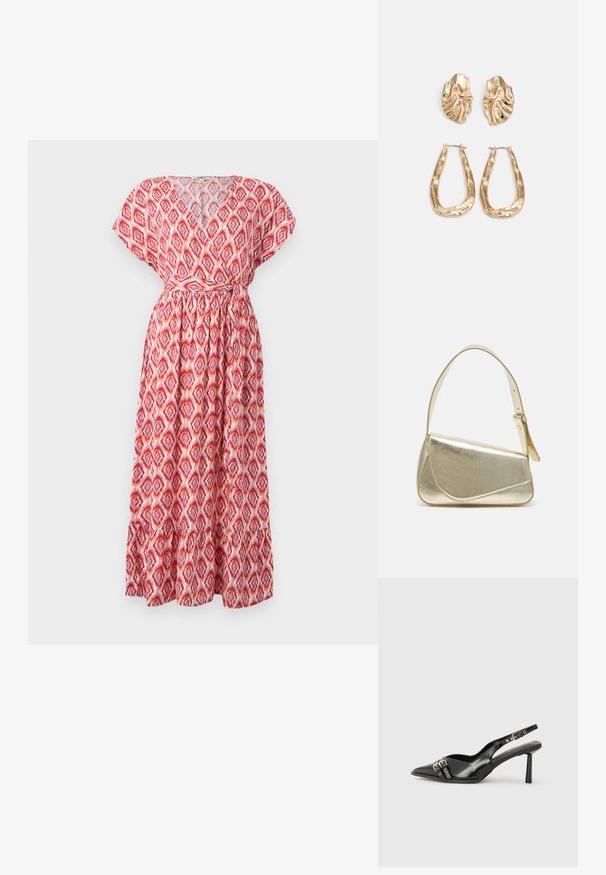 Vestido maxi con escote en V, mangas cortas y cintura ceñida. Hecho de una tela ligera con un patrón de diamantes rojos y rosas y un dobladillo con volantes.; Zapato de charol negro tipo slingback con punta afilada, correas al tobillo con hebillas y herrajes de plata, y un tacón delgado.; Bolso de mano metálico dorado con un diseño estructurado, textura suave y correa ajustable. Presenta una forma triangular única y un cosido minimalista.; Pendientes en tono dorado que presentan formas texturizadas y onduladas. Incluyen aros de clip esculturales y un diseño de aro abierto con un acabado martillado.