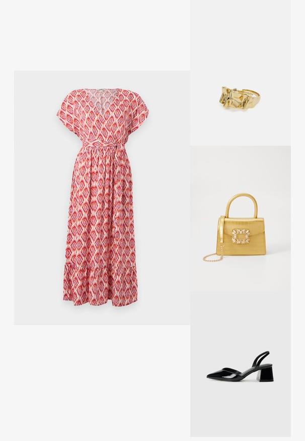 Maxi kleit V-kaelusega, lühikeste varrukatega ja kokku tõmmatud taljega. Valmistatud kergetest kangast, millel on punase ja roosa rombimuster ning volangiline serv.; Mustad musta lakknahk kingad, millel on terav varvas ja geomeetriline plokkkonts. Omab elegantselt minimalistlikku disaini ja sujuvat tekstuuri.; Kollane faux-krokodilli käsipindaga kott, millel on struktureeritud disain, ülemine käepide, eemaldatav kettmass ja dekoratiivne kristallkaunistus klambril.; Kuldne sõrmus tekstureeritud, lainelise disainiga, millel on kolm silmapaistvat tippu. Sile, läikiv pind ja avatud riba, mis võimaldab reguleeritavat sobivust.