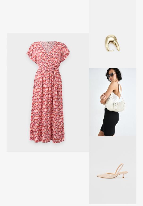Maxi kleit V-kaelusega, lühikeste varrukatega ja kokku tõmmatud taljega. Valmistatud kergetest kangast, millel on punase ja roosa rombimuster ning volangiline serv.; Beežist lakitud nahast slingback kontsad terava nina ja peene ruudukujulise kontsaga. Sile tekstuur ja minimalistlik disain ilma kaunistusteta.; Valge nahast käekott, millel on kõver kuju, reguleeritav rihm ja väike nööbiga detail. Mudel kannab sobivat musta kostüümi.; Kuldtooni metallist kõrvarõngas, millel on elegantne ja kaarjas disain. Omab silmapaistvat teravat kuju, poleeritud pinda ja hingesulgemist.