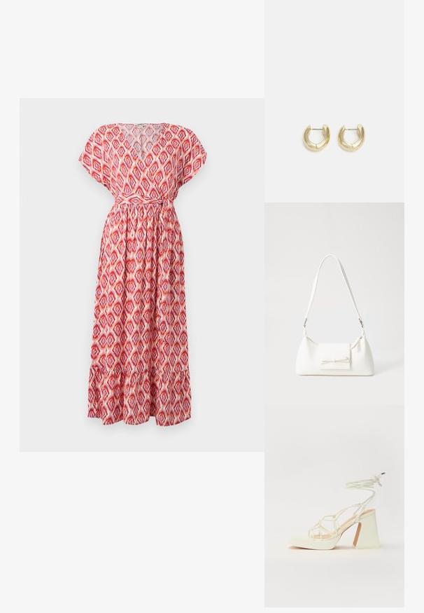 Robe maxi avec décolleté en V, manches courtes et taille cintrée. Fabriquée en tissu léger avec un motif en losanges rouge et rose, et ourlet à volants.; Sandale blanche à talons hauts avec un talon épais, présentant un design à lanières et un lien autour de la cheville. Texture lisse avec une plateforme à l'avant pour une hauteur supplémentaire.; Sac à main synthétique blanc en forme triangulaire, avec un rabat avant plat et un détail en nœud, une bandoulière ajustable, une texture lisse et un design minimaliste.; Boucles d'oreilles en or avec une finition lisse et polie. Doté d'une forme en demi-cercle et d'une fermeture à tige sécurisée.