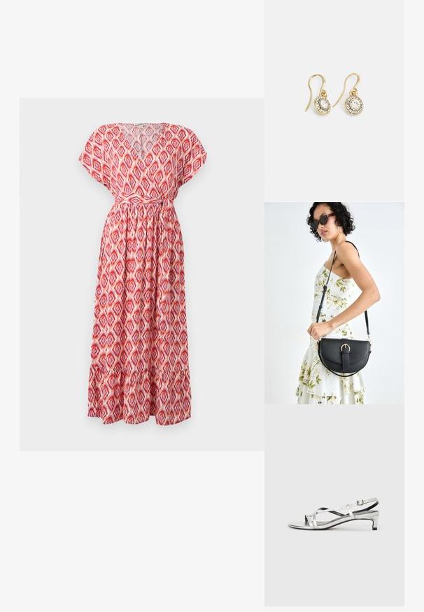 Maximekkoinen V-pääntie, lyhyet hihat ja kapealla vyötäröllä. Kevyestä kankaasta, jossa on punaisia ja vaaleanpunaisia timanttikuoseja ja röyhelöhelma.; Hopeasaumaiset nilkkapanta-sandaalit matalalla korolla, joissa on ristikkäiset hihnat ja sileä pinta. Minimalistinen muotoilu.; Musta nahkainen käsilaukku, joka on kaareva muotoilultaan, irrotettavalla hihnalla ja kultaisilla yksityiskohdilla. Laukussa on läppä, jossa on solk yksityiskohta.; Kultaiset korvakorut, joissa on soikeat, läpinäkyvät kivet, joita ympäröivät pienemmät läpinäkyvät kivet. Korvakoruissa on koukkuminen, joka takaa turvallisen käytön.