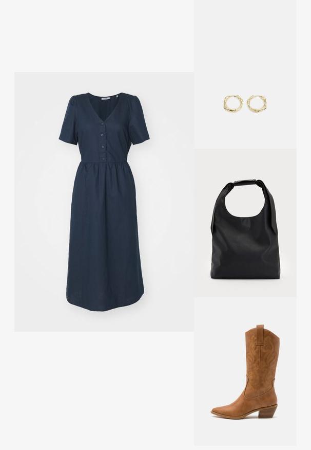 Vestido azul marino de manga corta con escote en V, botonera frontal y cintura fruncida, con una textura suave y un silueta hasta los tobillos.; Bota de vaquero de cuero marrón claro con punta afilada, patrones de espiral bordados en el tubo y un tacón bloque apilado. Cuenta con una pestaña de agarre para facilitar su uso.; Bolso hobo de cuero negro con un solo asa suave y redondeada; presenta una textura lisa y un diseño minimalista. Sin hardware visible ni acentos.; Pendientes de aro de oro con forma irregular y texturizada. Presentan un cierre sin costuras y un acabado pulido, destacando un diseño moderno.