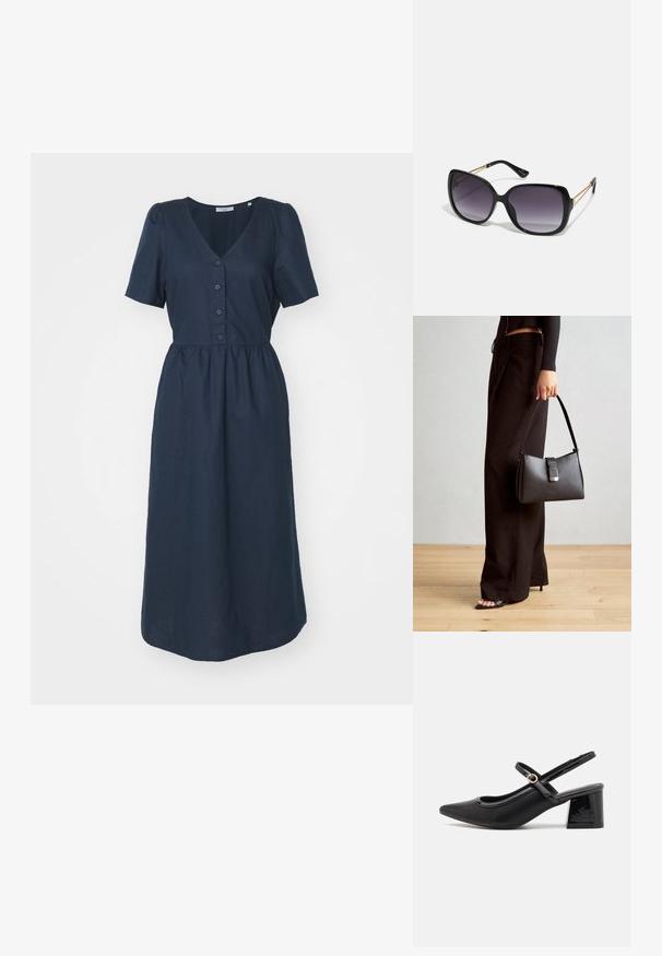 Marineblaues, kurzärmeliges Kleid mit V-Ausschnitt, Knopfverschluss und gerafftem Taillenbereich, das eine glatte Textur und eine Knöchellänge aufweist.; Schwarze Lackleder-Slingback-Absätze mit spitzer Zehenform, einem runden Ausschnitt-Design und einem Blockabsatz. Mit einem goldfarbenen Schnallenakzent.; Schwarze übergroße Sonnenbrille mit getönten Gläsern, dicken Rahmen und goldfarbener Kettendetaillierung an den Bügeln.; Schwarze Handtasche mit strukturierter Form, glatter Textur und einem metallischen Verschluss. Kombiniert mit weiten schwarzen Hosen und offenen Sandalen auf einem Holzboden.